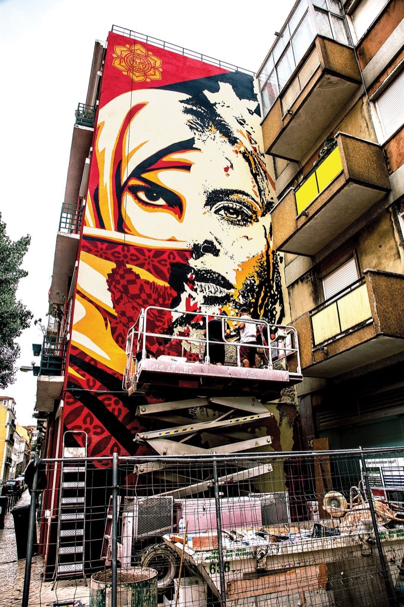 Shepard Fairey x Vhils collaborative mural, Graca, Lisbon